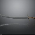 Vintage Long Sword With Wooden Handle And Sharp Metal Blade On Dark Reflective Surface