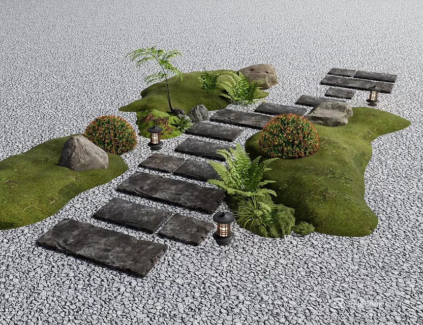 Stone Path in Zen Garden with Moss Plants Rocks and Lanterns 3d model