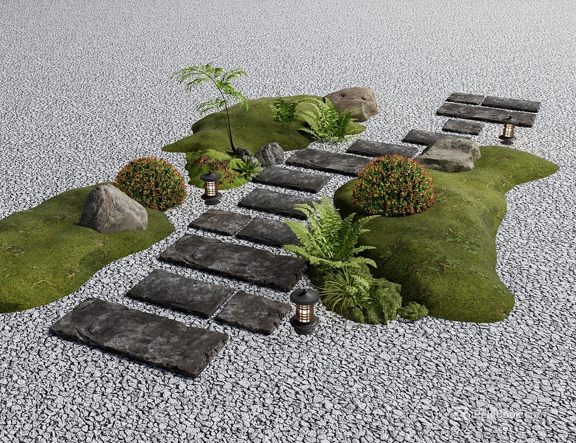 Stone Path in Zen Garden with Moss Plants Rocks and Lanterns 3d model 