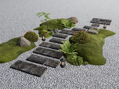 Stone Path in Zen Garden with Moss Plants Rocks and Lanterns 3d model