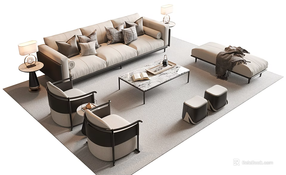 Modern Sofa and Coffee Table Set with Armchairs Side Tables Ottomans Throw Pillows and Blanket 3d model 