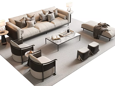 Modern Sofa and Coffee Table Set with Armchairs Side Tables Ottomans Throw Pillows and Blanket 3d model