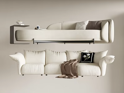 Minimalist Light Beige Fabric Multi Seater Sofa With Decorative Pillows And Soft Throw Blanket 3d model