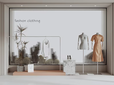 Modern Shop Window Display With Fashion Clothing Mannequins Shoes And Decorative Plants 3d model