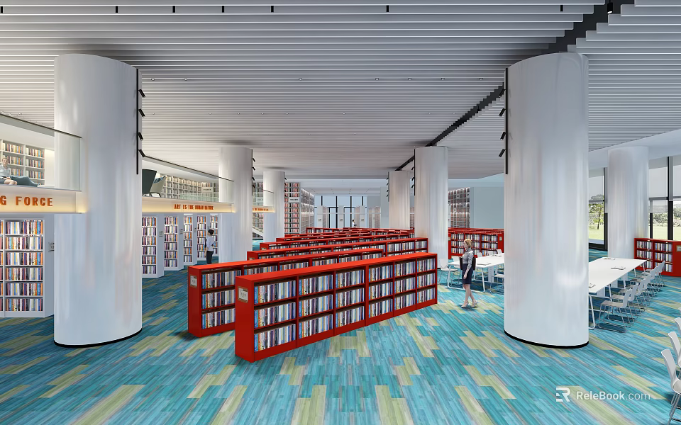 Public Workspace With Rows Of Red Bookshelves Filled With Books White Columns And Colorful Floor 3d model 