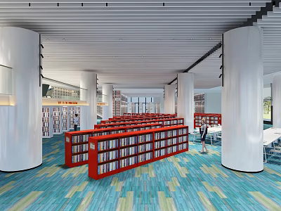 Public Workspace With Rows Of Red Bookshelves Filled With Books White Columns And Colorful Floor 3d model