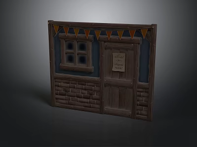 Wooden Door with Brick Wall Window Triangular Flags Banner and Paper Note on Miniature Building Facade 3d model