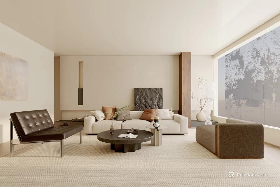 Modern Living Room Interior With White Sofa Brown Leather Sofa Round Black Coffee Table 3d model 