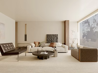 Modern Living Room Interior With White Sofa Brown Leather Sofa Round Black Coffee Table 3d model