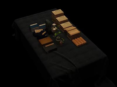 Stacked Books And Magazines On Dark Table With Decorative Items 3d model