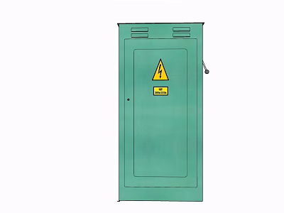 Green Electrical Cabinet With Yellow Warning Sign And Door Label 3d model