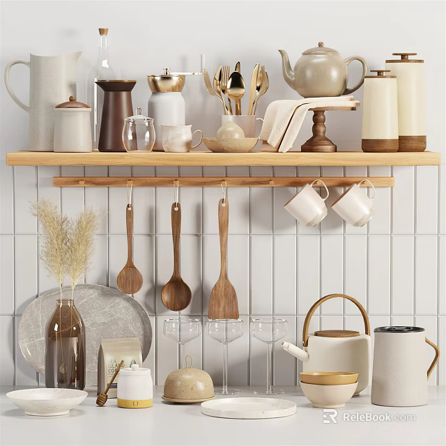 Stylish Kitchen Utensils On Wooden Shelf With Hanging Spoons And White Tiled Wall 3d model 