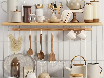 Stylish Kitchen Utensils On Wooden Shelf With Hanging Spoons And White Tiled Wall 3d model