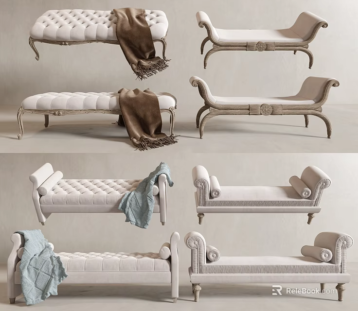 Elegant Tufted Sofa Bench With Soft Upholstery Decorative Throw Blanket And Carved Legs 3d model 
