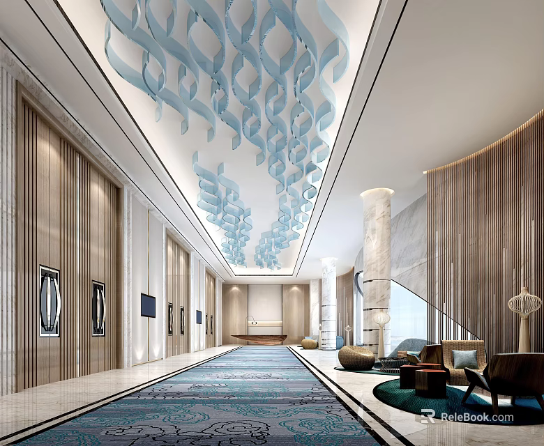 Luxurious Hotel Lobby Interior With Modern Ceiling Decor And Patterned Carpet Seating Area 3d model