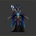 Mythical Horned Character In Elaborate Blue Purple Cloak With Glowing Weapon
