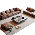 Brown Leather Sofa And Coffee Table Set With Ottoman Side Lamp And Books On Rug