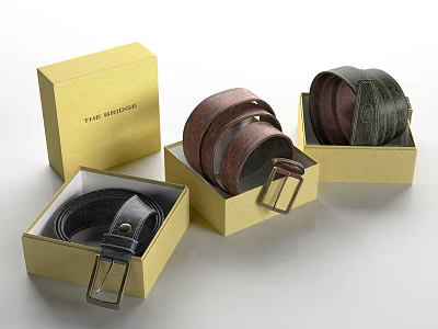 Leather Belts Packaged in Yellow Boxes with Various Colors and Metal Buckles 3d model