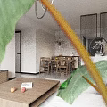 Modern Living Dining Room Interior With Wooden Coffee Table TV Cabinet Natural Light And Plants