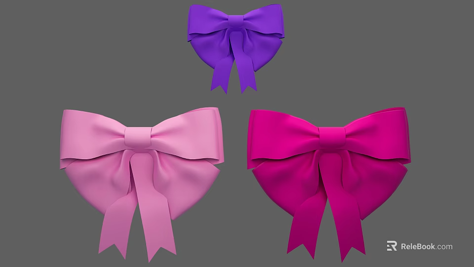 Three Decorative Bows in Purple Pink and Hot Pink Colors 3d model 