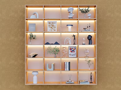 Modern Grid Style Bookshelf With Built In Lighting Decorative Items And Books 3d model