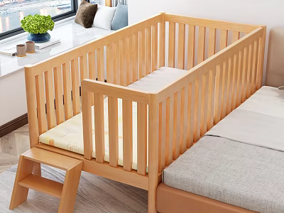 Wooden Children's Bed With Ladder And Light Colored Mattress In Natural Design 3d model