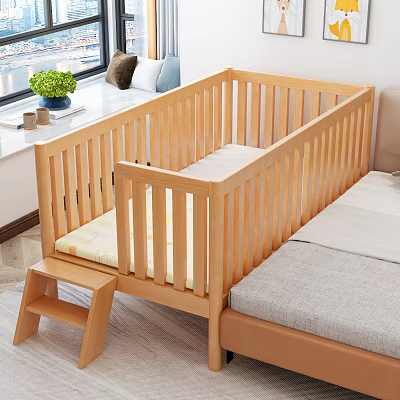 Wooden Children's Bed With Ladder And Light Colored Mattress In Natural Design 3d model