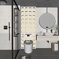 Modern Bathroom Interior Design With Glass Shower Round Mirror And Wall Mounted Vanity