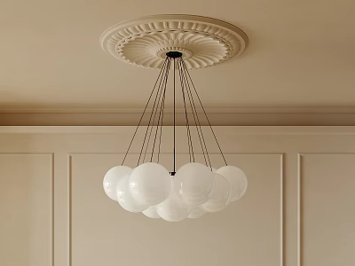 Elegant Modern White Globe Chandelier With Multiple Bulbs On Decorative Ceiling 3d model