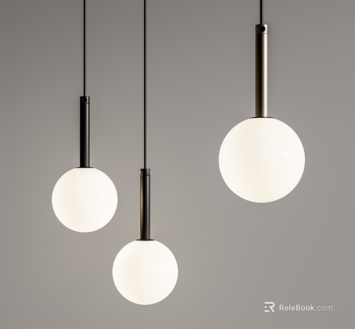 Modern Three Pendant Lights With White Spherical Shades And Metal Stems Design 3d model 