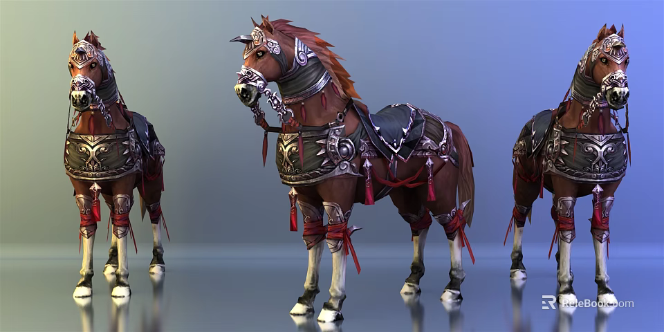 Three Ornate Horses With Detailed Armor And Decorative Saddles In Fantasy Style 3d model 