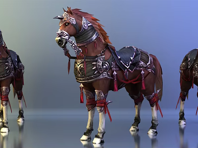 Three Ornate Horses With Detailed Armor And Decorative Saddles In Fantasy Style 3d model