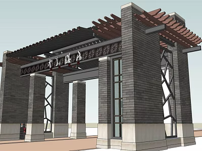 Chinese Style Entrance Gate With Brick Structure Wooden Roof And Carved Plaque 3d model