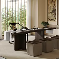 Traditional Tea Room Interior With Tea Table Tea Sets Stools Window Natural View And Decorative Painting