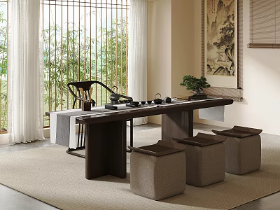 Traditional Tea Room Interior With Tea Table Tea Sets Stools Window Natural View And Decorative Painting 3d model