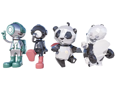Artistic Landscape Sculptures Showcasing Robot Style Panda Shaped And Geometric Designs In Silver Black White 3d model