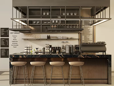 Modern Café Interior With Bar Counter Coffee Machines And Stools 3d model