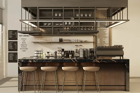 Industrial style cafe console milk tea shop workbench restaurant water bar coffee shop workbench cashier front desk bar stool coffee machine coffee grinder 3d model