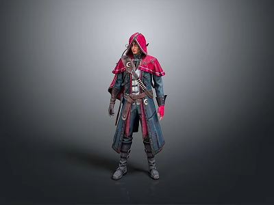 Fantasy Game and Movie Character in Red Hood Blue Coat with Leather Armor and Weapons 3d model