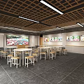 School Student Dining Area With Wooden Grid Ceiling Long Tables Stools And Bookshelves