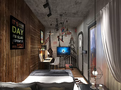 Hotel Guest Room With Wooden Walls Decorative Poster TV Chandelier And Desk Chair 3d model