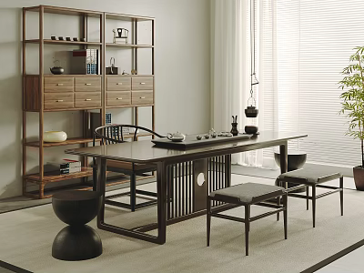 Modern Chinese Style Dark Wooden Tea Table And Chairs With Bookshelf Plant And Window 3d model