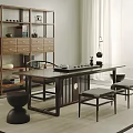 Modern Chinese Style Dark Wooden Tea Table And Chairs With Bookshelf Plant And Window