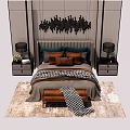 Double Bed With Black Wave Pattern Wall Decor Nightstands Table Lamps And Plaid Blanket Bench 3d model