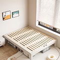 Modern Wooden Double Bed with Slatted Platform Storage Cabinets and Window View