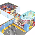 Colorful Children's Playground with Castle Shaped Slide Street Scene Buildings Yellow Toy Cars and Arches