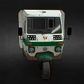 Vintage White And Green Three Wheeled Vehicle With Aged Exterior Side Windows And Front Signs