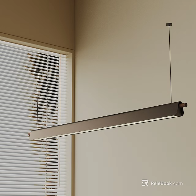 Modern Linear Pendant Light Design Hanging By Window With Venetian Blinds And Light Colored Wall 3d model 