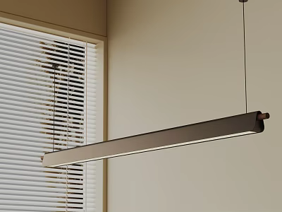 Modern Linear Pendant Light Design Hanging By Window With Venetian Blinds And Light Colored Wall 3d model