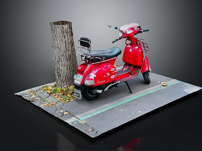 Red Scooter Parked Near Tree Stump With Fallen Leaves On Gray Pavement 3d model